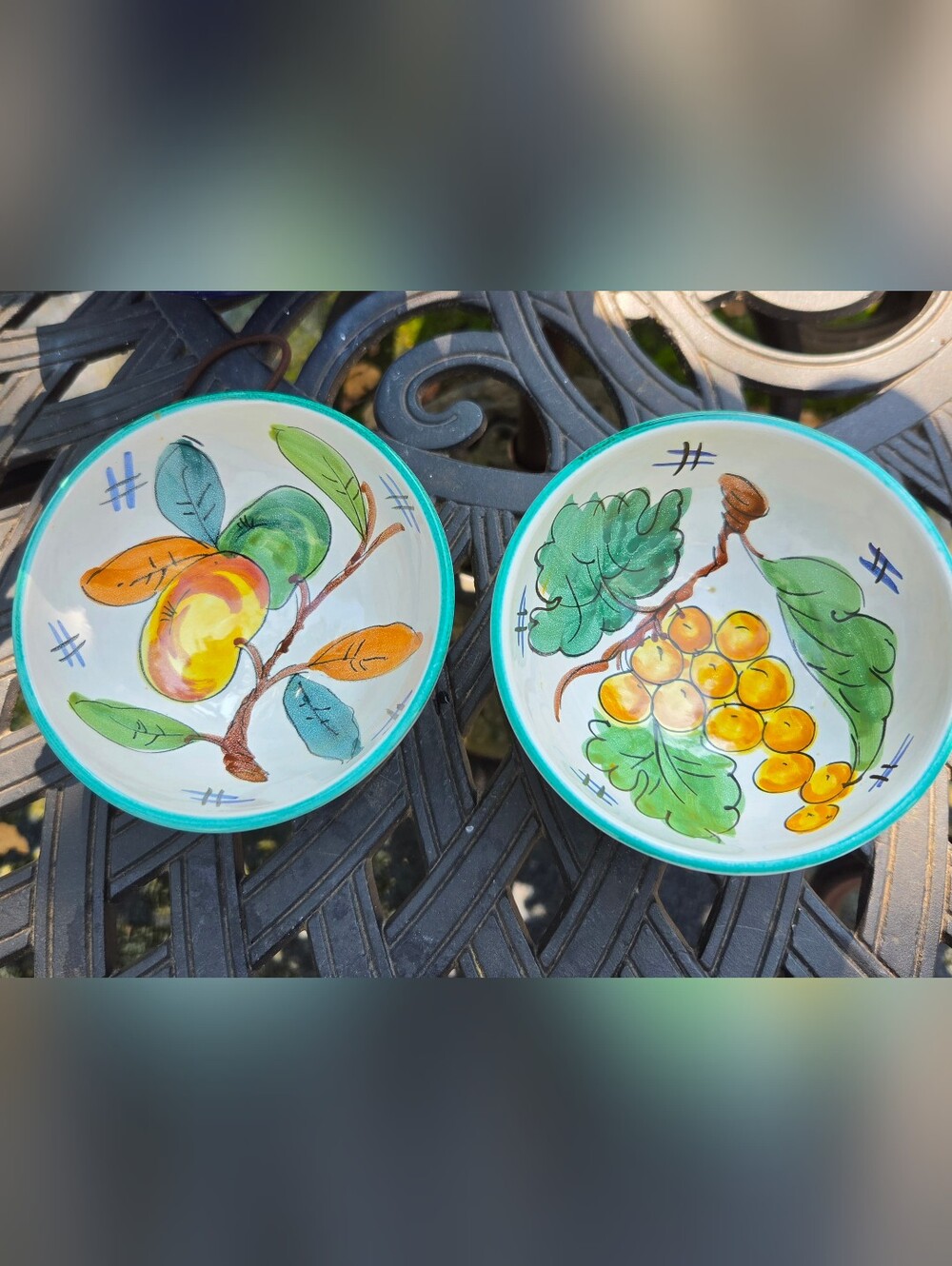Set of 2 Italian Fruit Bowls Peach and Grapes Italy Hand Painted Pedestal Green